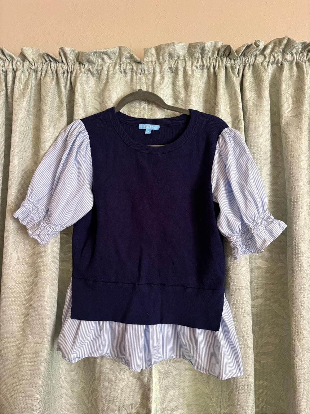 Women's Navy Layered Knit Top with Blue Stripe Sleeves